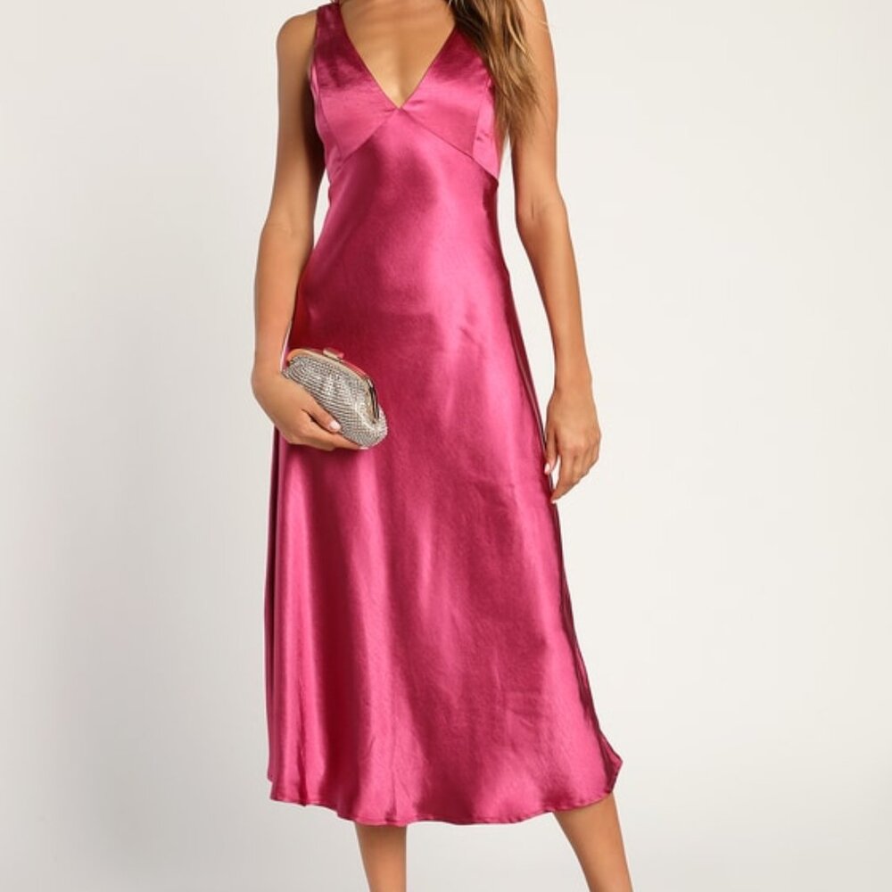 Lulus Incredible Love Magenta Satin Cowl Back Midi Slip Dress Pink - Size Medium